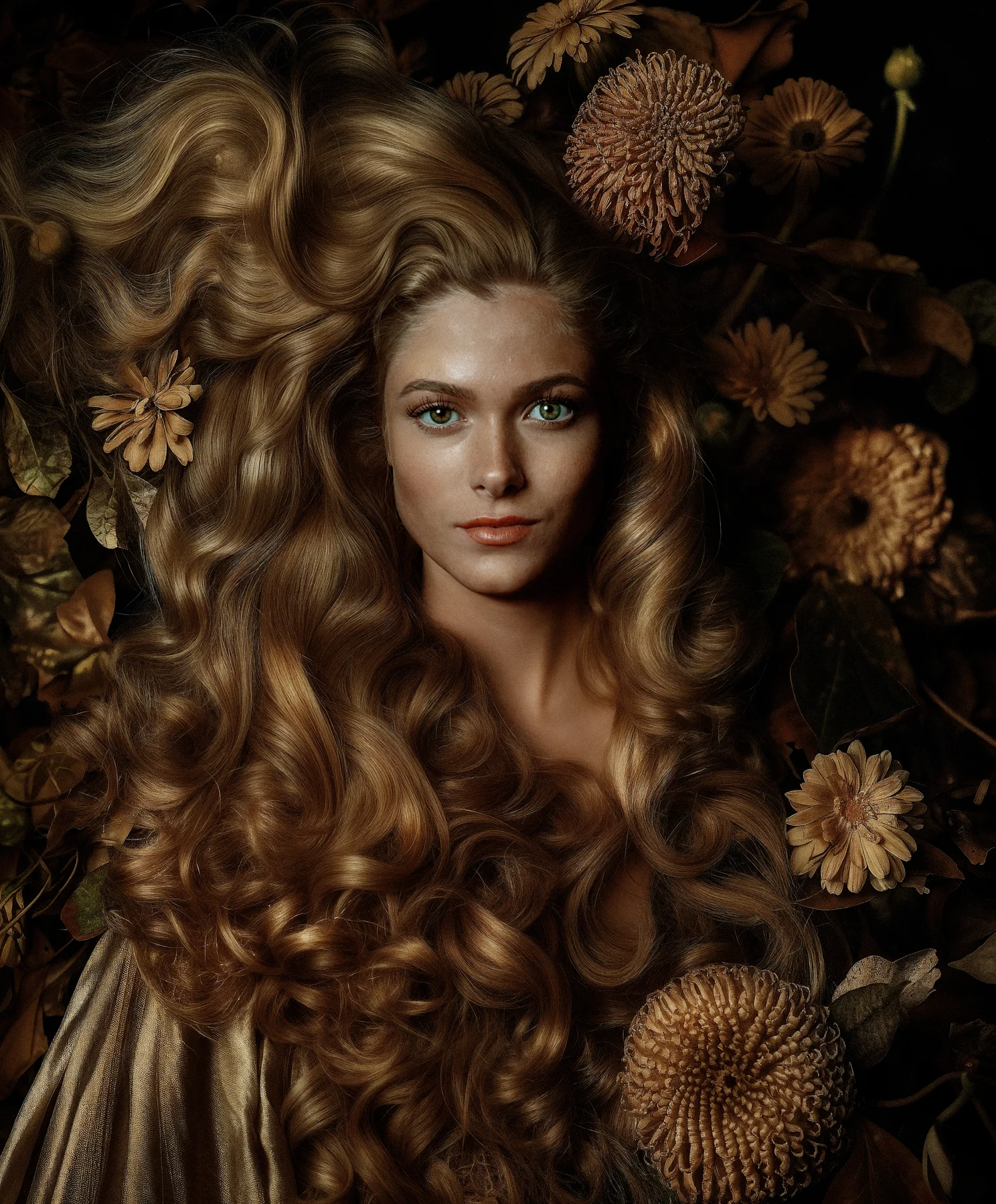 Golden hair and flowers
