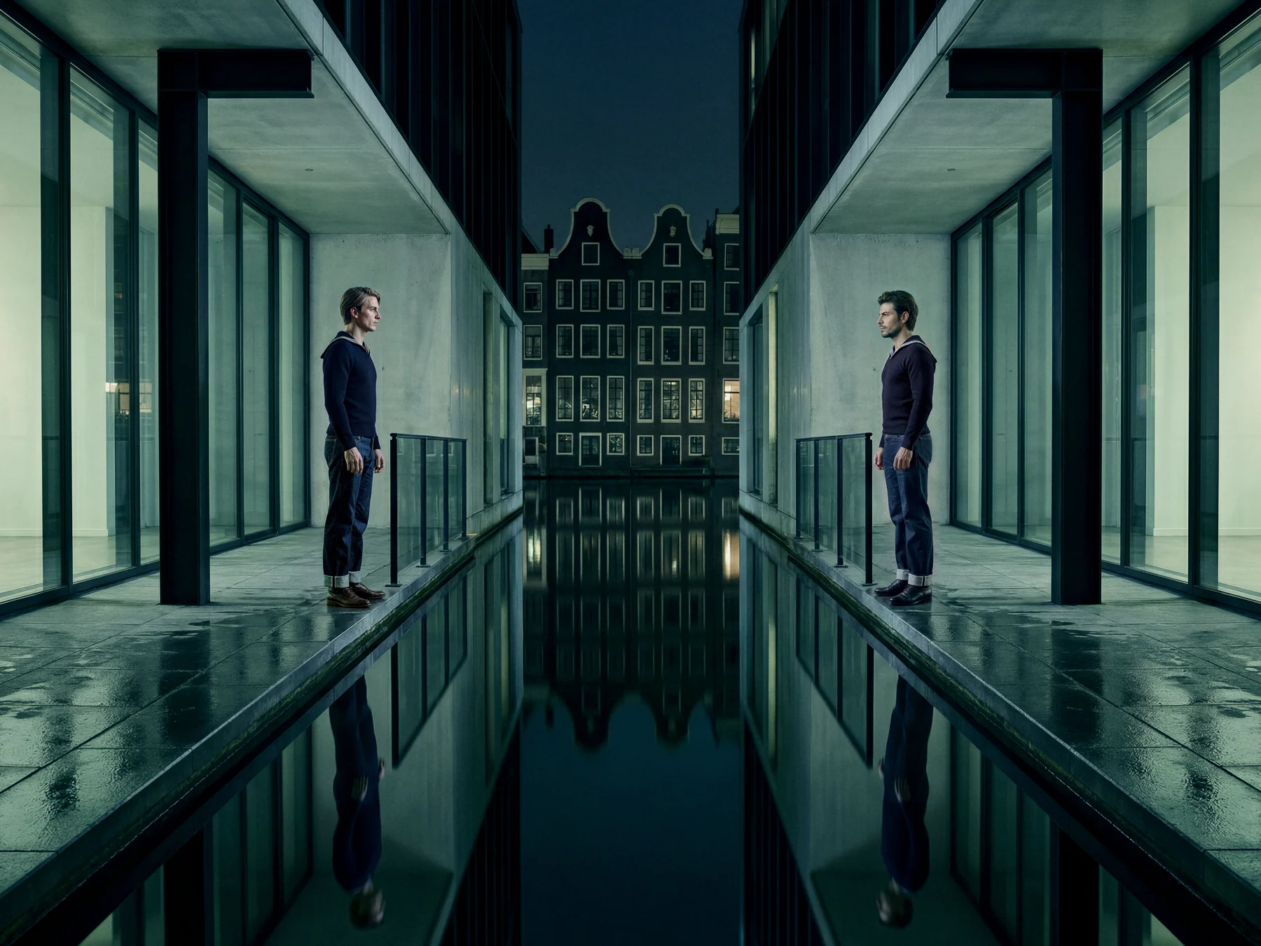 Facing each other across the water